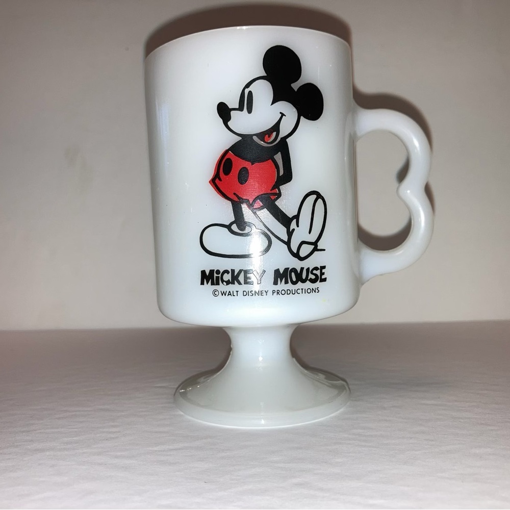 Disney Mickey Mouse Mug Vintage Milk Glass B Handle Footed Pedestal Coffee Cup